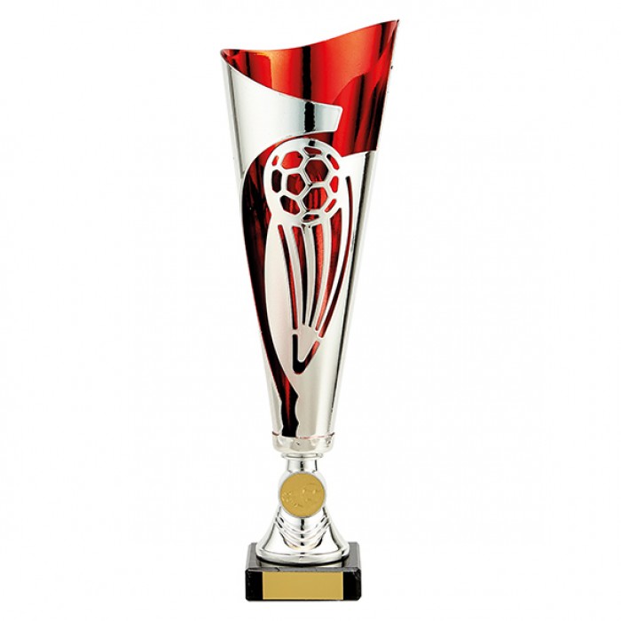 RED/SILVER LASER CUT FOOTBALL METAL CUPS  - AVAILABLE IN 3 SIZES (32.5CM - 36CM)